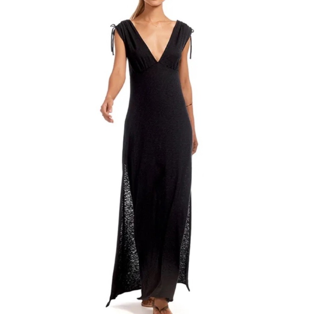 Vitamin A Maxi Dress Cover Up Selma Kaftan Tie Shoulders Side Slits Black Small*
